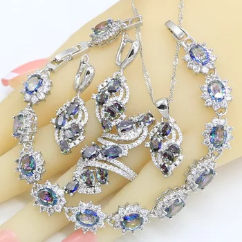 

Luxury 925 Silver Jewelry Sets for Women Bracelet Multicolor Rainbow Zircon Earrings Rings Necklace Pendant Gift Box