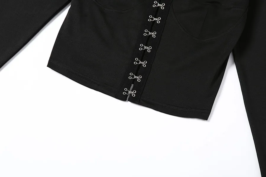 Macheda Осенняя женская черная рубашка с длинными рукавами и металлической пряжкой, черный тонкий уличный Женский Повседневный простой короткий топ, новинка