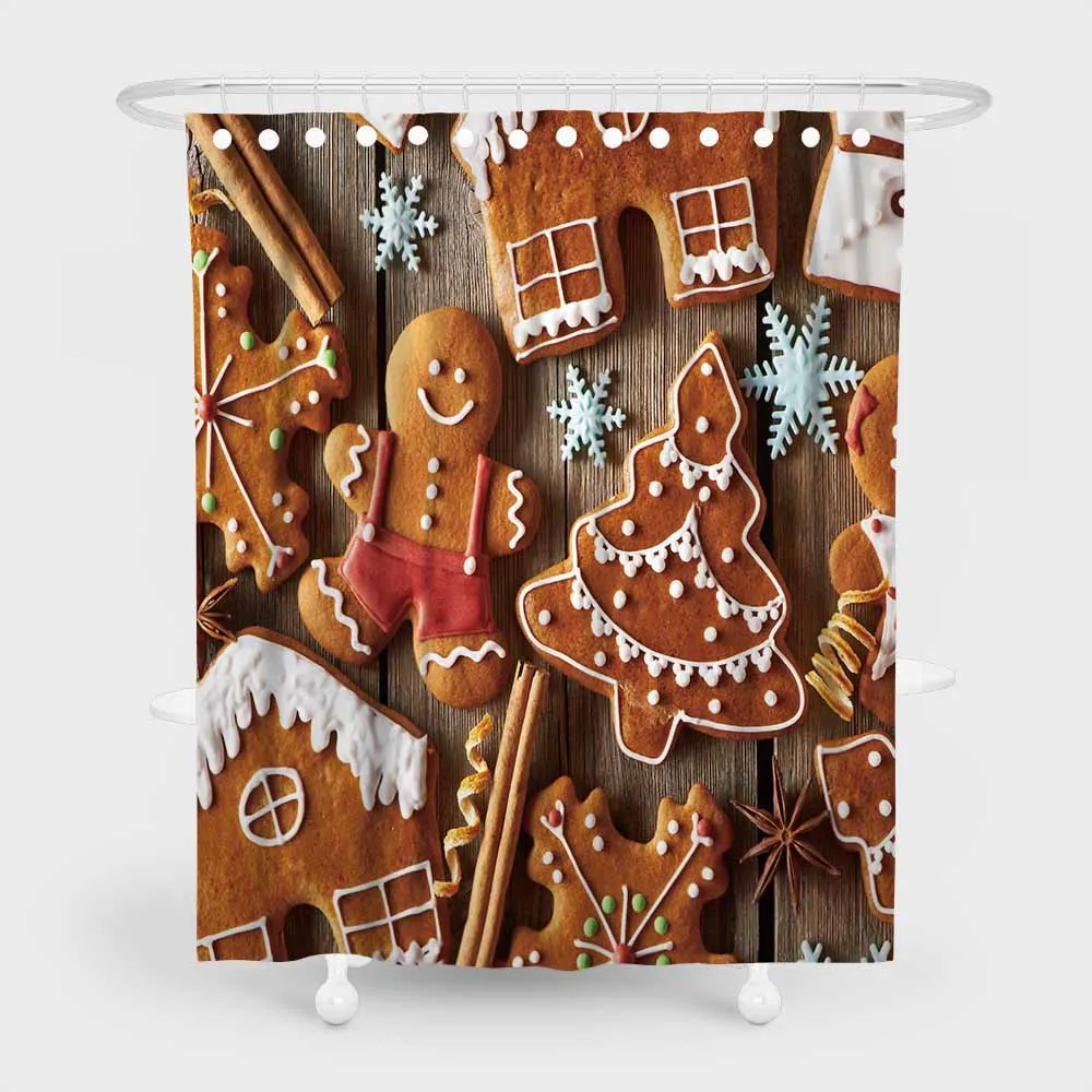 

Happy Christmas Cookies Shower Curtain Durable Waterproof Polyester Bath Curtain with 12 Hooks New Year Bathroom Decor 1 Piece