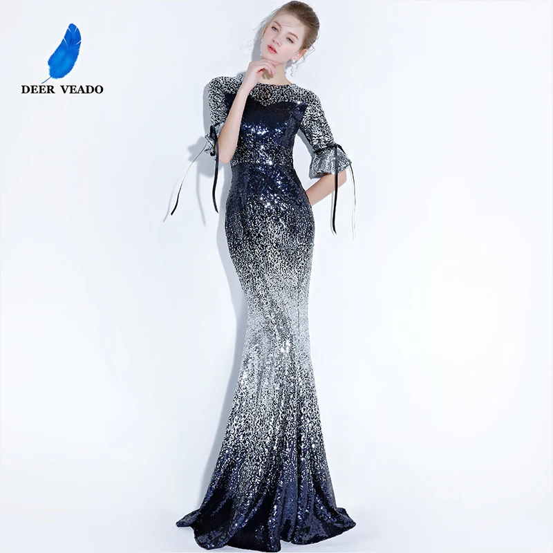 

DEERVEADO Elegant Mermaid Evening Dress Long Sequins Half Sleeves Formal Party Dresses Evening Gown Robe De Soiree YS430