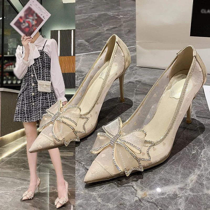 Tacones altos para mujer con lazo, estilo coreano puntiagudos Stilettos, zapatos de boda para novias y damas de honor (altura 8,5 cm