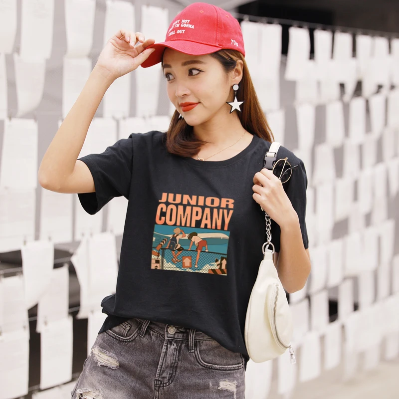 Новинка, женская летняя футболка с коротким рукавом, хлопковые футболки Harajuku, футболка с принтом, топ, футболки, модная повседневная черная футболка - Цвет: Color35