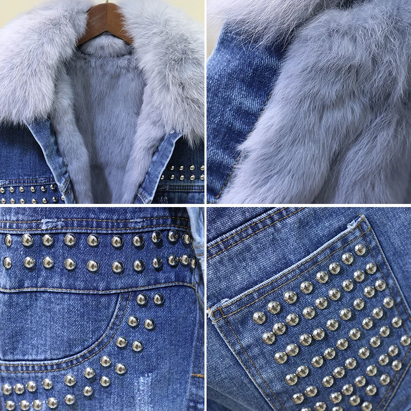Winter new rivet real rabbit fur liner thick denim jacket female