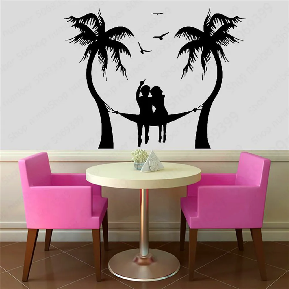 

Beach Seagull Palm Tree Vinyl Wall Sticker Couple Relax Travel Seaside Bathroom School Dormitory Home Art Deco Mural LW617