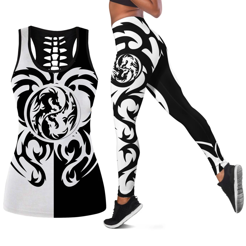 faux leather leggings New women's tight yoga pants Black & White Dragon Art Tattoo 3D  print Leggings and Hollow out Tank Top Fashion casual Leggings fishnet leggings Leggings