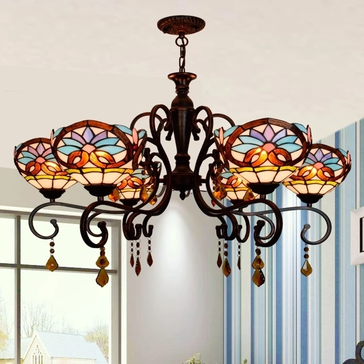

Tiffany Baroque Stained Glass Suspended Luminaire E27 110-240v Chain Pendant Lights For Home Parlor Dining Room deco maison