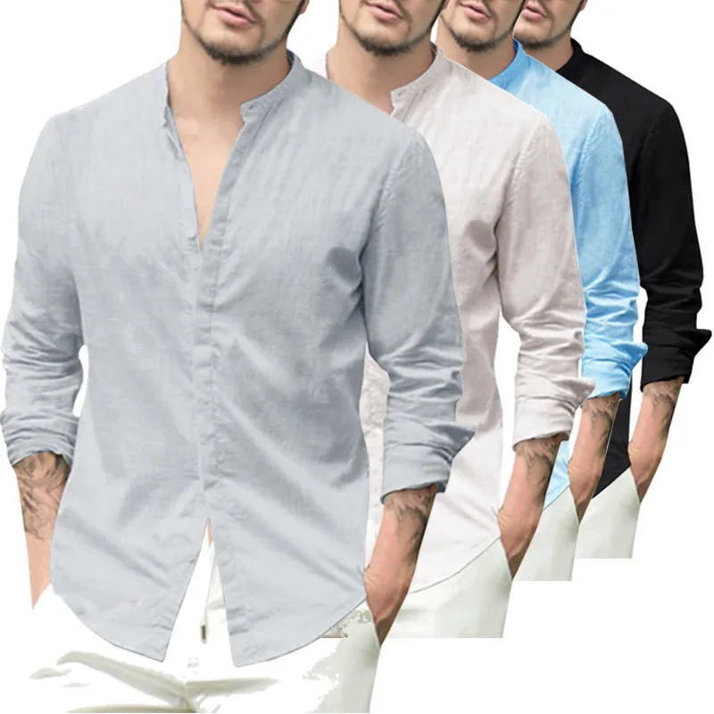 Модная Мужская льняная рубашка с отложным воротником и длинным рукавом, приталенная мужская верхняя одежда, брендовая мужская одежда, повседневная рубашка блуза S-XL