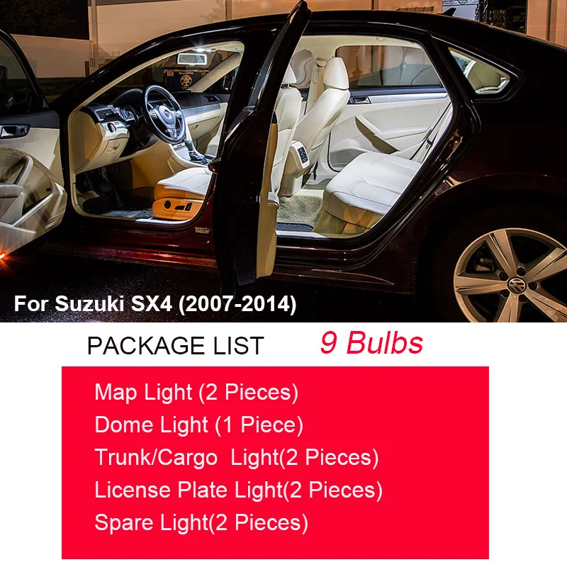 9pcs White Car Accessories LED Interior Light Bulbs Kit For 2007- Suzuki SX4 Map Dome Trunk License Plate Lamp