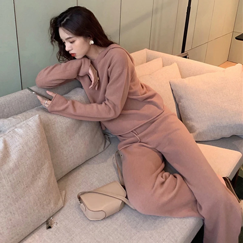 Skup Na co dzień sweter dres O neck swetry i luźne spodnie bluzy z kapturem damskie zestaw sweter z dzianiny zestaw jesień zima z dzianiny 2 sztuk zestaw