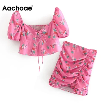 

Summer Chic Floral Print Two Piece Set Women Elegant Bow Tie Short Sleeve Crop Top Blouse With Sweet Ruffle Pleated Mini Skirt