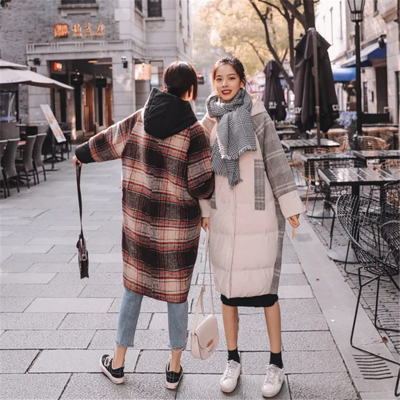 Large Size Women Winter Cotton Hooded Jackets Coat Fashion Loose Warm Plaid Long Outerwear Casual Female Basic Jacket xa111