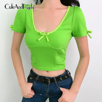 

Women TShirt With Bow Short Sleeve Tops Korean Cute Cropped Shirts Ladies Green Streetwear Bodycon T-shirts Kawaii Cuteandpsycho