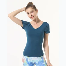 Женские рубашки для йоги с подкладом для груди быстросохнущие Фитнес тренировочные футболки с коротким рукавом бегущий Топ для тренировок с v-образным вырезом спортивные футболки