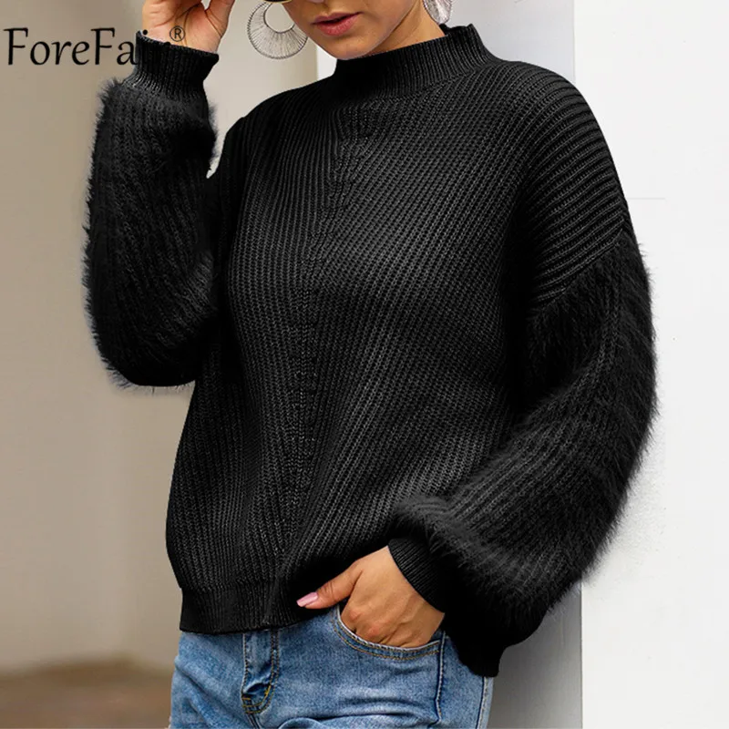 

Forefair Loose Kintted Turtleneck Sweater Women Plush Casual Black White Autumn Winter Pullover Female Pull