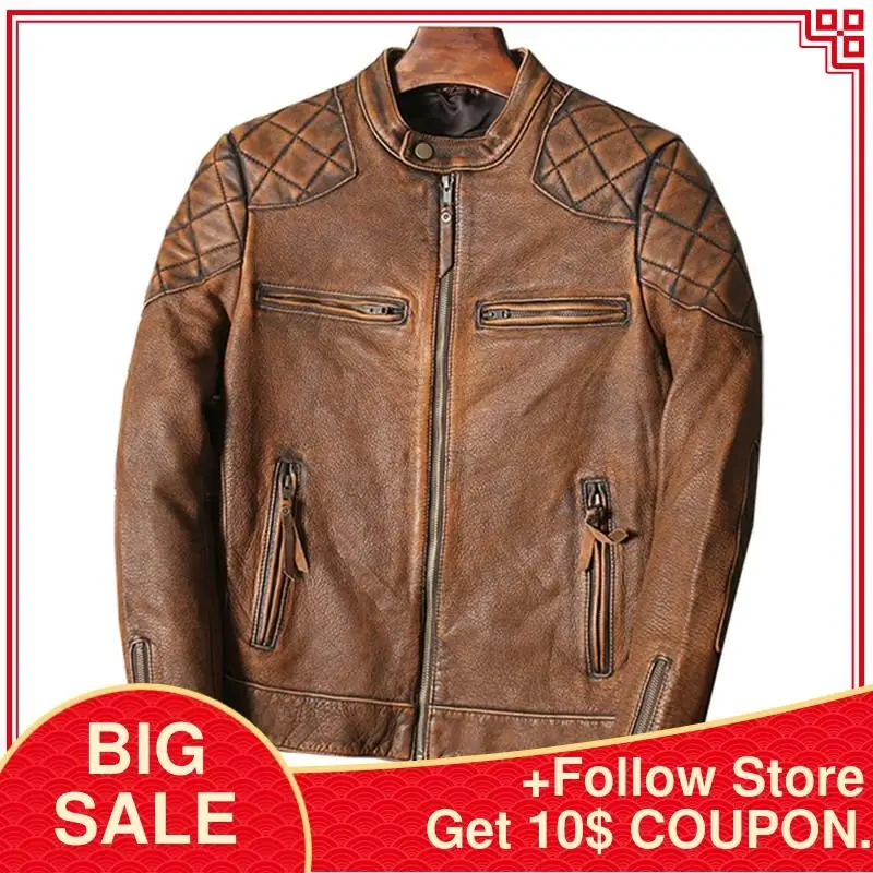 

2020 Vintage Brown American Style Biker's Leather Jacket Men Plus Size XXXL Genuine Cowhide Slim Fit Motorcycle Leather Coat