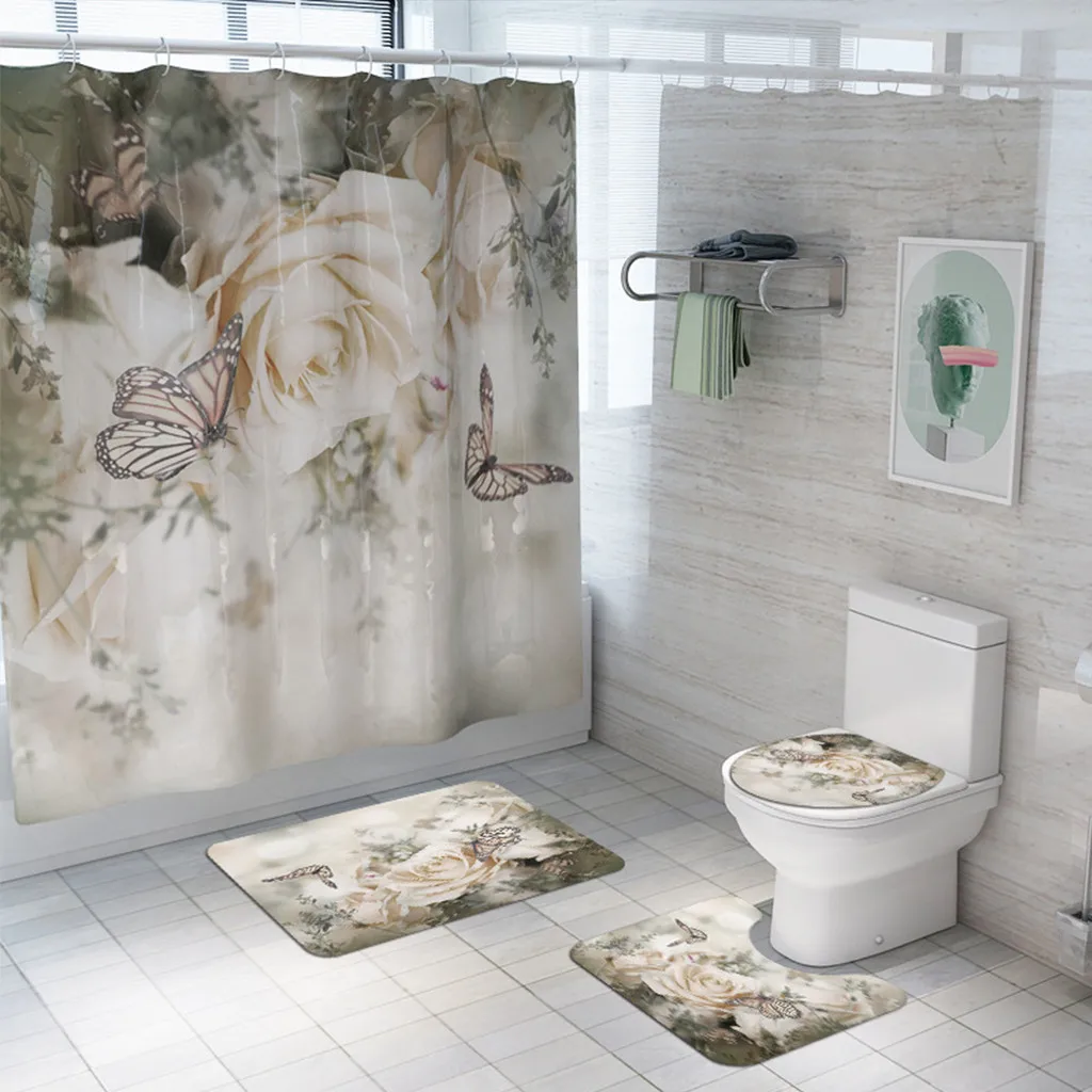 4 шт. Набор для ванной комнаты с принтом маргаритки и розы, напольный коврик из четырех частей, набор ковриков для ванной,, Z4
