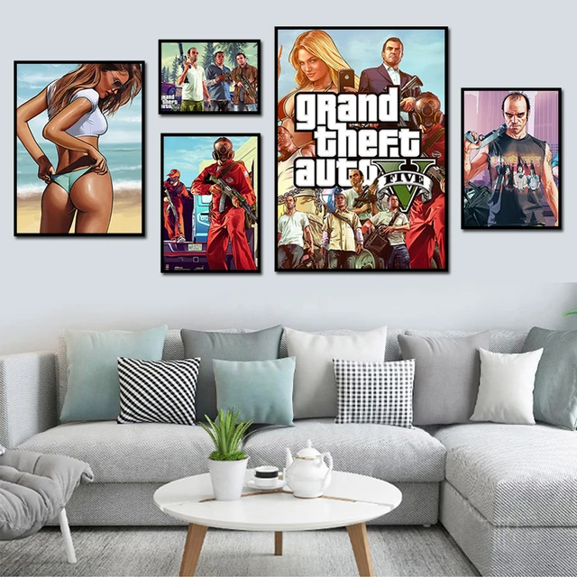 Jogo cartaz grand theft auto v gta 5 lona impressão da arte pintura parede  fotos para o quarto decoração casa arte da parede - AliExpress