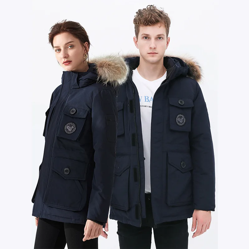 Winter New Men Thick Down Jacket Women Raccoon Fur Collar Long Military Jacket Casual Couple Warm Down Coat Streetwear 3XL