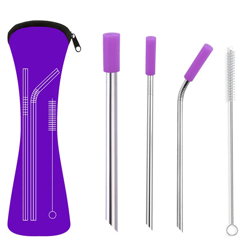 Purple 5pcs Tofok 6 шт Металлический Набор соломинок для напитков с силиконовым чехлом сумка щеточка для очистки, многоразовая изогнутая прямая соломинка портативный бар вечерние поставки - Цвет: Purple 5pcs