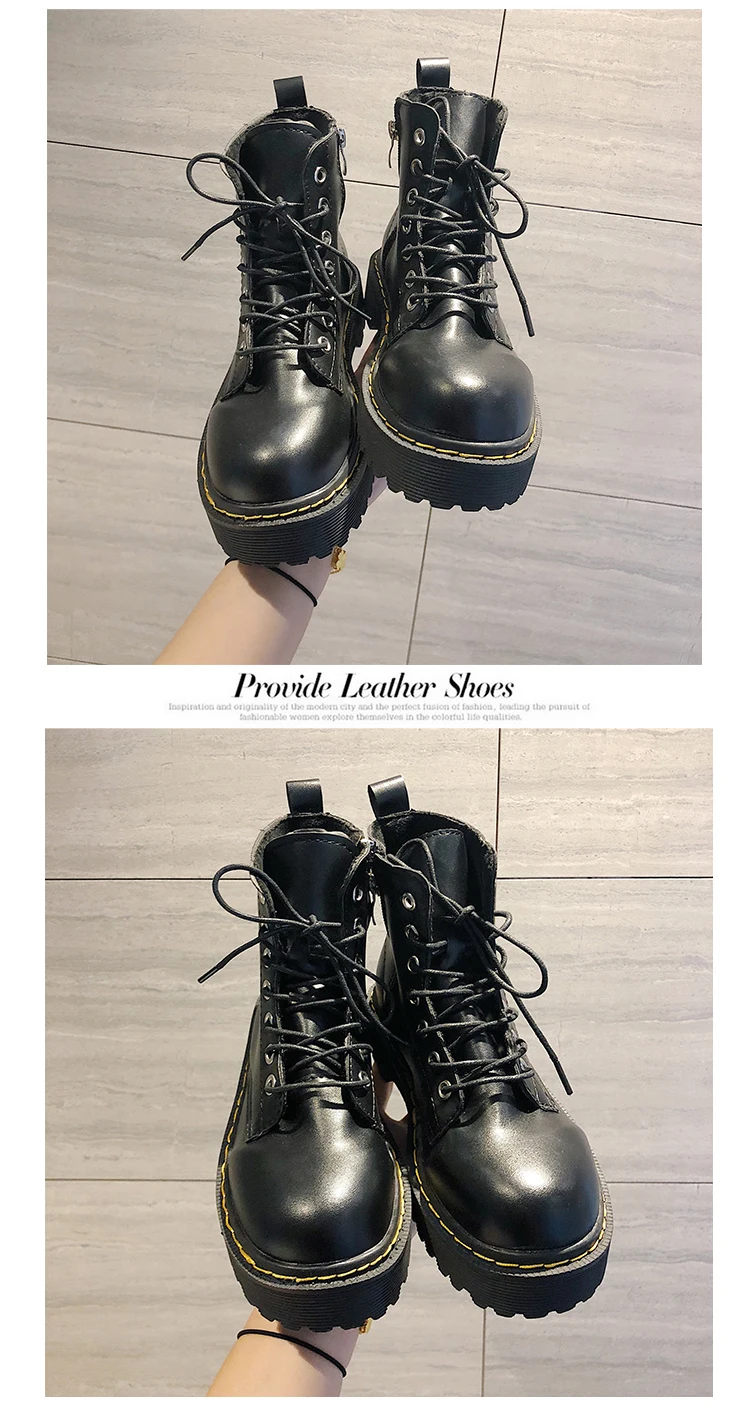 LMCAVASUN New Black Combat Boots Women Leather Platform Boots Martin Punk Ankle Boots Women Shoes Zip Lace Up Casual Botas Mujer