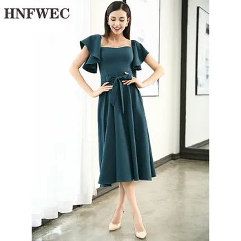

2019 New Spring Summer Square Collar Short Sleeve Belt Blue Loose Ruffles Temperament Dress Women Fashion Tide E654
