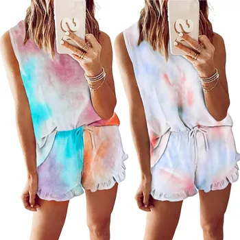 

Summer Womens Tie-dye Printed Ruffle Short Pajamas Set Camisole Tops Elastic Waist Shorts Loungewear Sleepwear Nightwear #p3