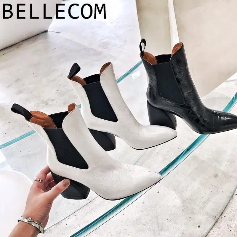 

BELLECOM 2019 Beautiful Discrimination White Short Boots Genuine Leather Crocodile Coarse Grain With New High With shoes woman
