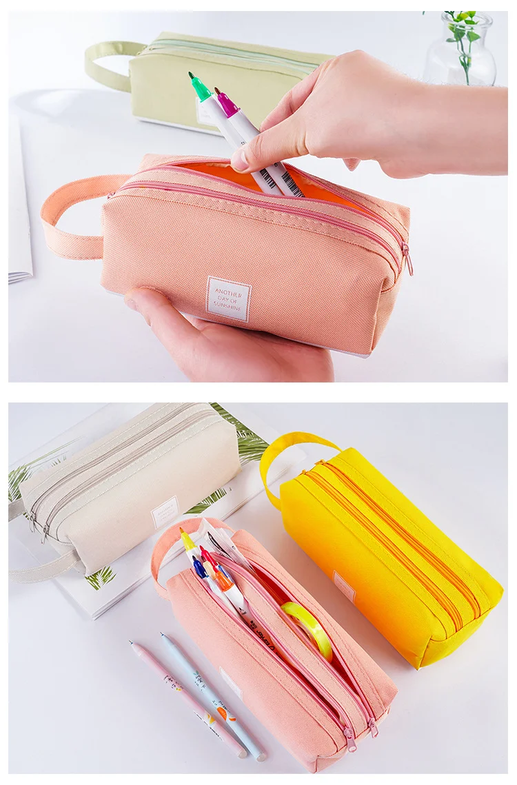 

Creative simple and fresh large-capacity pencil case double canvas multifunctional solid color pencil case student bag