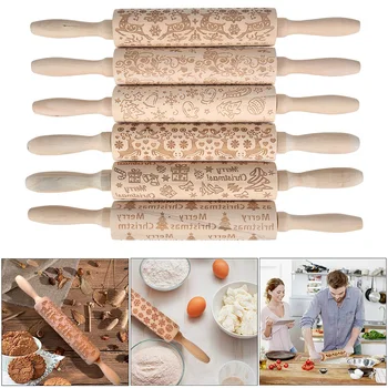 

Christmas Embossing Rolling Pin Baking Cookies Noodle Biscuit Fondant Cake Dough Engraved Roller Reindeer Snowflake Decor