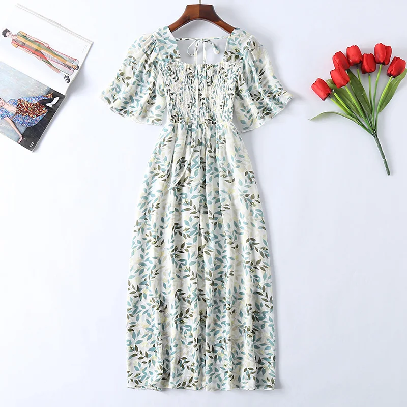 Женские летние Базовые платья, квадратный воротник, короткий рукав, принт, Vestidos, а-силуэт, высокая талия, пляжный сарафан, Robe Femme - Цвет: Green leaves