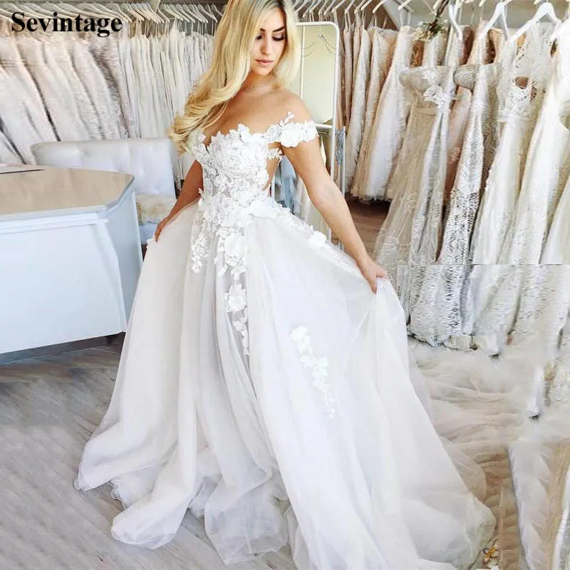 

Sevintage A Line Off Shoulder Lace Bridal Gowns Boho Sweetheart Wedding Dresses with Tail robe de mariee Plus Size Bride Dress