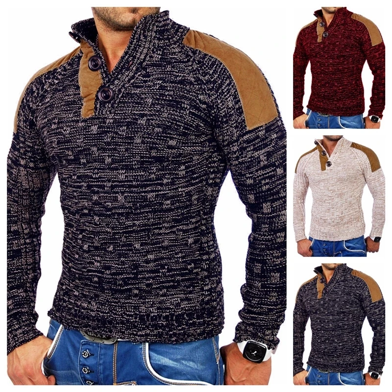 Fashion Men's Winter Warm Pullover Sweaters With Buttons Oversized Knitted Pullovers Patchwork Sweater New Men Clothing M-2XL