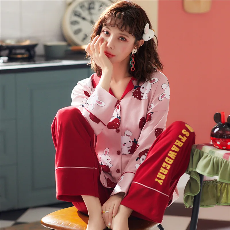 

2019 New Women Pajama Set White Rabbit Cartoon Printing Pijama Home Pyjamas Woman Cotton Pyjama Set Sleepwear