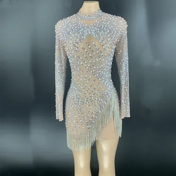 

Women Costume Silver Rhinestones Transparent Mesh Dress Birthday Celebrate Outfit Bar Singer Long Sleeves Dance Short Dress