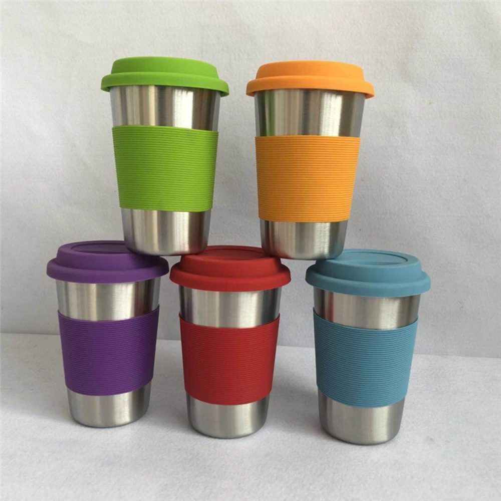 

Stainless Steel Coffee Cups with Silicone Lids Non-slip Anti-scalding Sleeves Case Drinking Tumblers Beer Water Tea Coffee Mugs