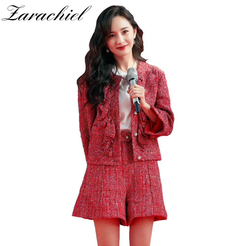 

Fashion Runway Autumn Winter Tweed Pant Suit Women's Pearl Single-Breasted Ruffles Jacket Coat+Pocket Shorts Set Two Pieces Set