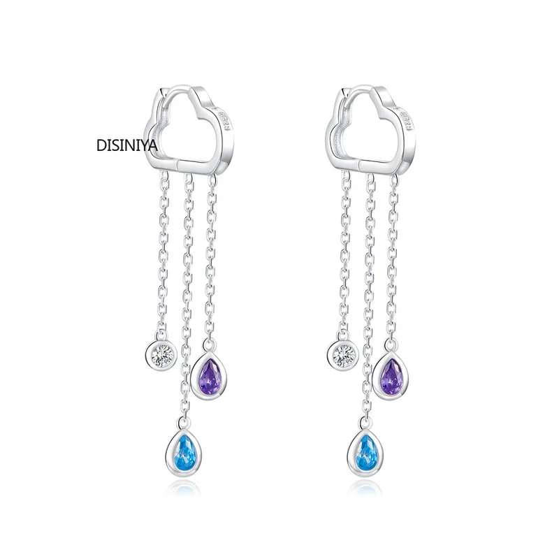 

DISINIYA 925 Sterling Silver Long Chain Dangle Earrings for Women Cloud and Rainy Zirconia Hanging Earing Korean Jewelry EBSE220