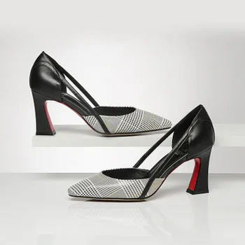 

Leather women's singles shoes pointed toe thick high heels spring and summer women's shoes large size