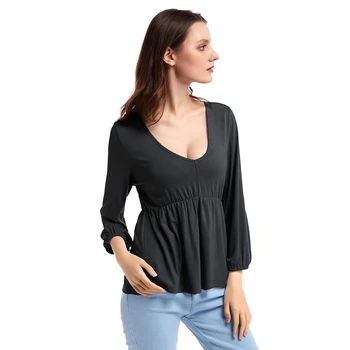

Kureas Knitted Ruffle T Shirt Women Autumn Elegant Three Quarter Sleeve High Elastic Tops Sexy V Neck Casual Office Lady Winter