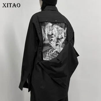 

XITAO Print Patchwork Black Blouse Women Loose Fashion Personality Turn Down Collar All Match 2020 New Autumn Shirt ZP2484