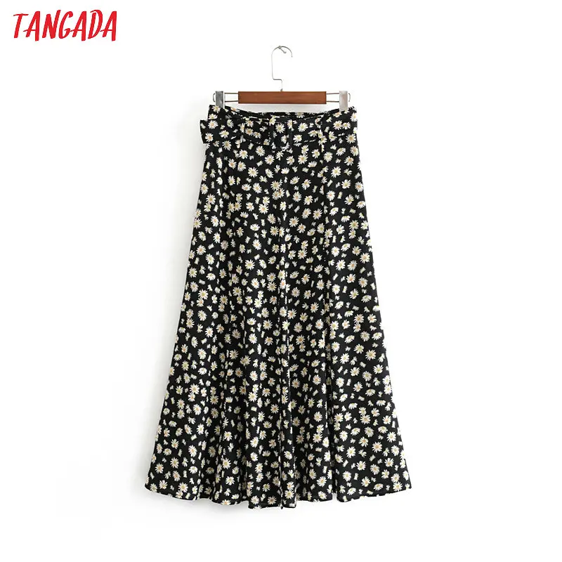 

Tangada women vintage floral print skirt sashes retro ladies fashion chic mid calf skirts faldas mujer 3H332