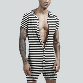 

SFIT 2020 Striped Print Men Pajamas Playsuit Short Sleeve Button Fitness Homewear Comfortable Shorts Men Rompers Sleepwear S-5XL
