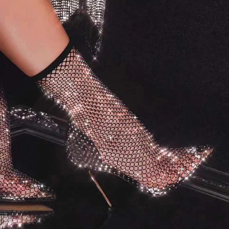 Botas de malla transpirable para mujer, botines sexys de tacón alto, sandalias de rejilla de aire, zapatos de cristal hueco para verano, 2021|Botas hasta el - AliExpress