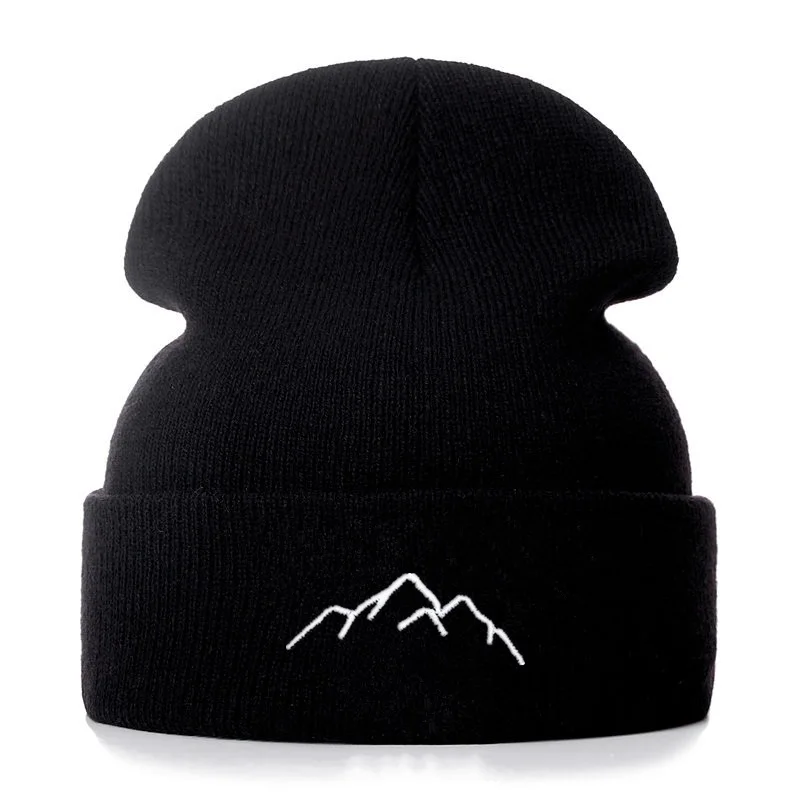 Горные хлопковые повседневные шапочки с вышивкой для мужчин и женщин, вязаная зимняя шапка, однотонная хип-хоп кепка в стиле унисекс - Цвет: black