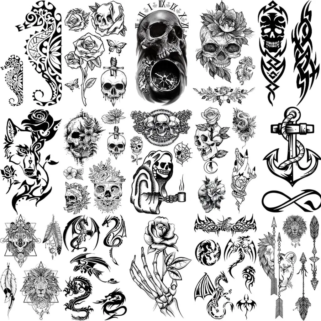 Small Realistic Black Skull Temporary Tattoos For Women Adult Men Dragon Skeleton Anchor Wolf Fake Tattoo Body Art Tatoo | Красота и