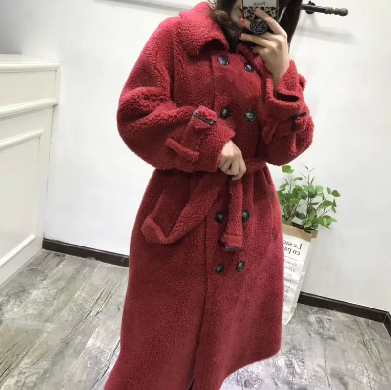 Abrigos Mujer Invierno корейское пальто из овечьего меха кожаные куртки шерсть мех зимняя женская Повседневная парка х-длинное пальто с поясом