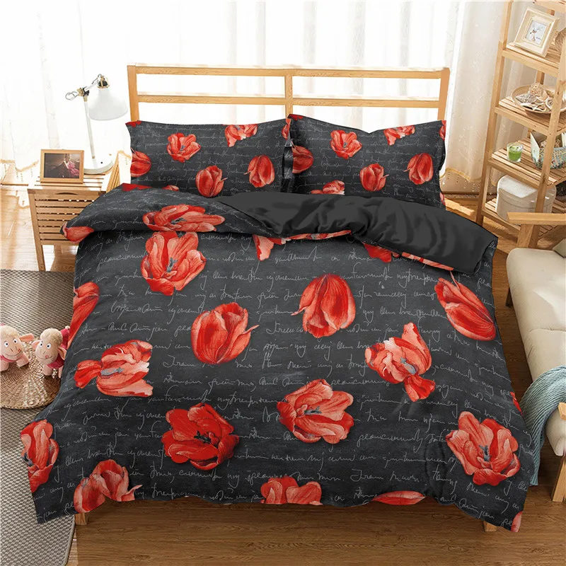 3d Bedding Set Flowers With English Letters For Adults Comforter Cover 2/3pc Duvet Queen King Size | Дом и сад