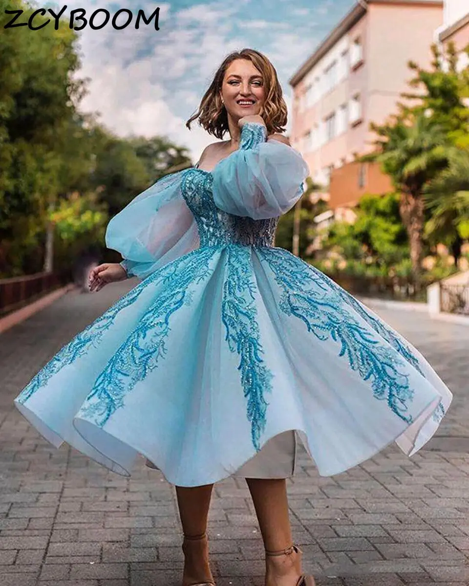 2023 Light Blue Prom Dresses Women Formal Party Night Off The Shoulder Appliques Lace Vestido De Gala Long Sleeves Evening Gowns image_0