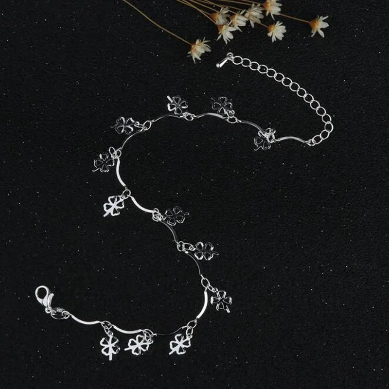 925 Silver Hollow Four-leaf Clover Anklet Fashionable Temperament Female Anklet, Designed for Women Jewelry Gifts J023