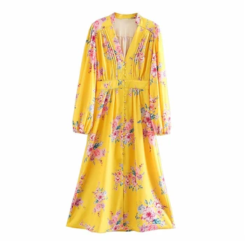 

Stylish V neck flower print long dress women long sleeve button maxi dress female Streetwear 2020 spring casual vestidos dress